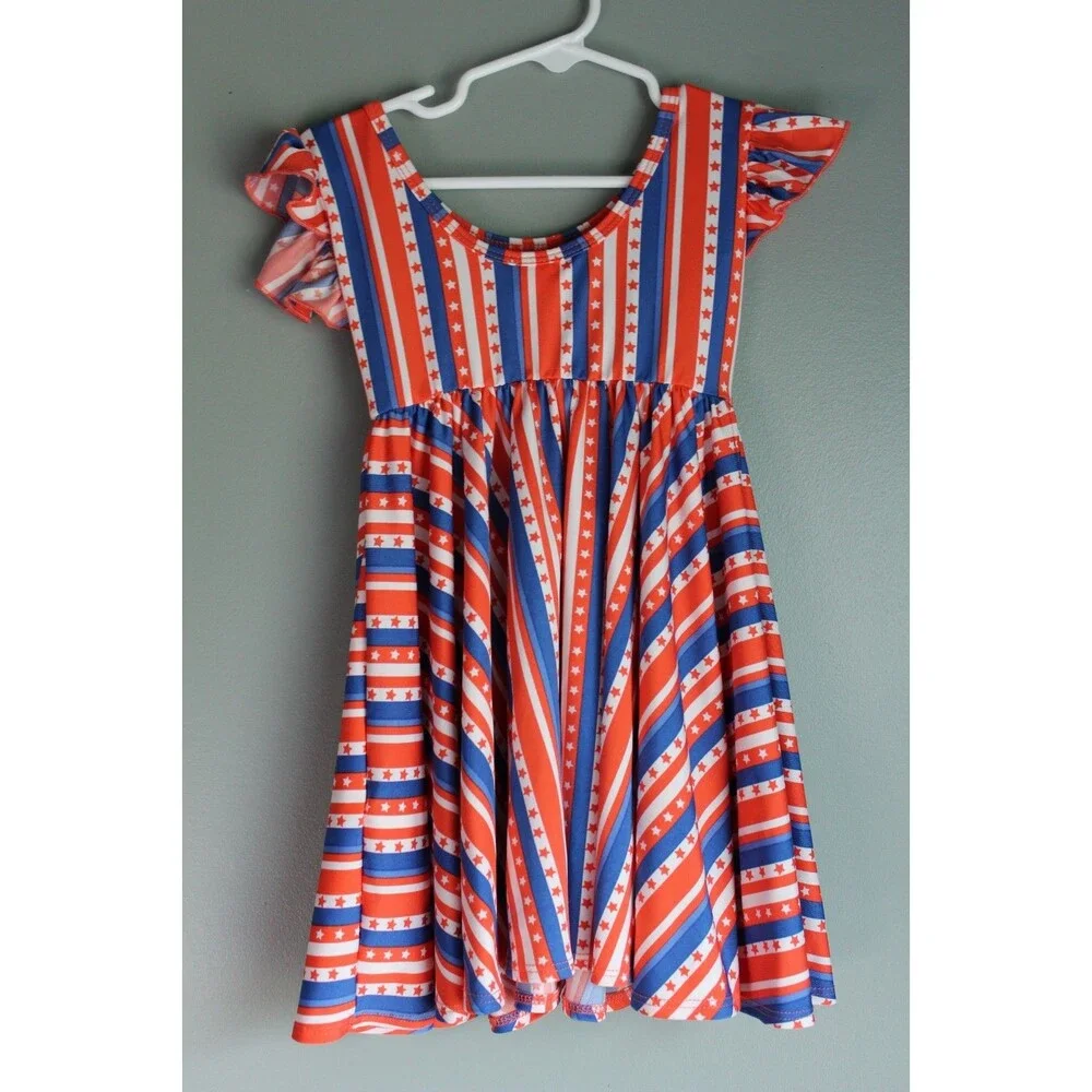 Dot Dot Smile Girls Patriotic Red White Blue 4th of July Short-sleeve Dress 2T